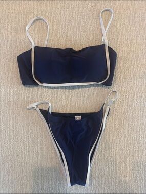 Navy Blue Bikini Set with White Trim - Women's Swim